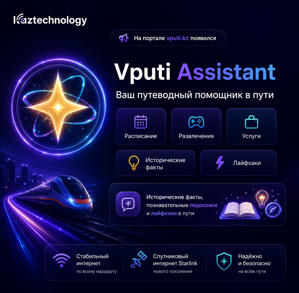 «Kaztechnology» Vputi Assistant цифрлық көмекшісін таныстырады. Ол жолаушыларға Vputi.kz порталынан қажетті ақпаратты жылдам табуға көмектеседі