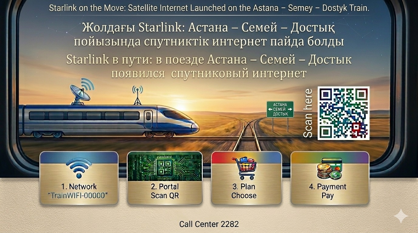 Жолдағы Starlink: Астана – Семей – Достық пойызында спутниктік интернет пайда болды